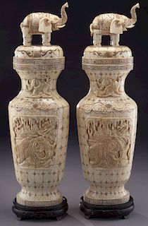 Pr. Chinese carved bone lidded vases,