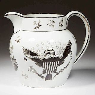 ENGLISH LIVERPOOL OR STAFFORDSHIRE POTTERY PEARLWARE AMERICAN MARITIME PITCHER