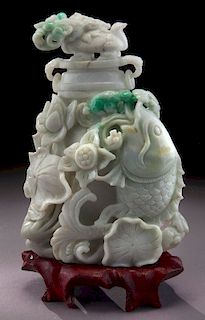 Carved Burmese jadeite lidded urn,