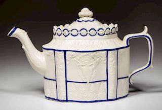 ENGLISH CASTLEFORD-TYPE POTTERY WHITE SMEAR-GLAZED STONEWARE AMERICAN EAGLE TEAPOT AND COVER
