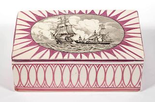 ENGLISH STAFFORDSHIRE OR TYNE POTTERY PEARLWARE PINK LUSTERWARE WAR OF 1812 BOX AND COVER