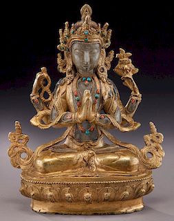 Possibly Tibetan jeweled & dore bronze seated
