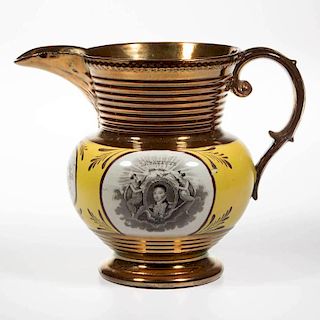 ENGLISH STAFFORDSHIRE COPPER LUSTER POTTERY AMERICAN "LAFAYETTE" AND "CORNWALLIS" COMMEMORATIVE PITCHER