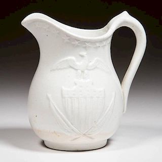 ENGLISH IRONSTONE POTTERY JUG MOLDED WITH AMERICAN STARS, SHIELD AND EAGLE