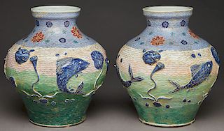 Pr. Chinese cloisonne over porcelain urns,