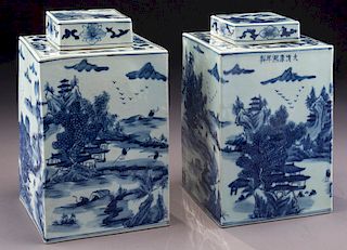 Pr. Chinese blue & white porcelain tea caddies