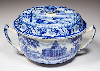 ENGLISH ROGERS POTTERY PEARLWARE "BOSTON STATE HOUSE" PATTERN COVERED BROTH BOWL
