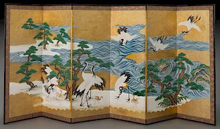 19th C. Japanese painted 6-panel screen,