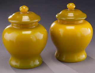 Pr. Yellow Peking glass lidded jars.