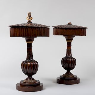 Pair of Italian Carved Walnut and Parcel-Gilt Stemmed Wedding Boxes and Covers