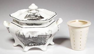 ENGLISH STAFFORDSHIRE PORCELAIN SUGAR BOWL AND COVER, AND A STRAINER