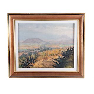 Vista de Puebla con magueyes. Óleo sobre tela. Firmado "Eduardo Villanueva" y fechado 1958. Detalles de conservación. 38 x 48 cm
