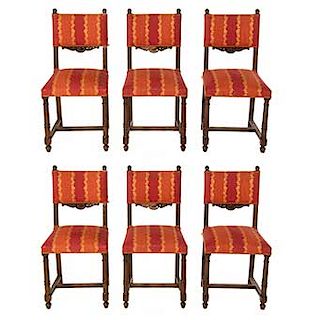 Juego de 6 sillas. Francia, siglo XX. Estilo Enrique II. Elaboradas en madera de nogal. Con respaldo, asientos en tapicería...