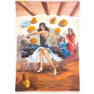 José Puente. Escena flamenca. Firmado en el ángulo inferior izquierdo. Óleo sobre tela.  Dimensiones 95 x 65 cm