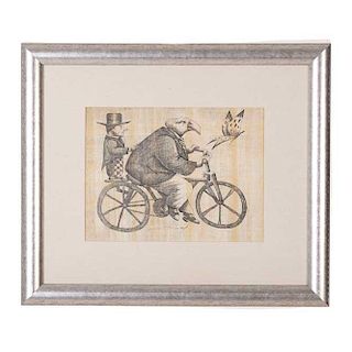 Julián Diaz Valverde "Dival". "Hombre en bicicleta". Firmado Dival en la parte inferior. Tinta sobre papiro. Enmarcado en madera.