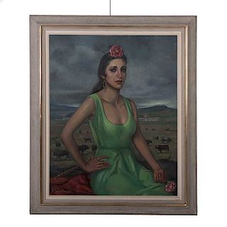 Ramón Espino Barros. "Dama con rosa y clavel". Firmado y fechado 1980 en la parte posterior. Óleo sobre tela. Enmarcado en madera.