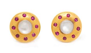 A Pair of Victorian 18 Karat Yellow Gold, Moonstone and Ruby Cuff Buttons, Tiffany & Co., 6.20 dwts.