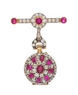 An Antique Platinum and Silver Topped Yellow Gold, Ruby and Diamond Open Face Lapel Watch, 20.40 dwts.