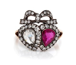 A Yellow Gold, Silver, Ruby and Diamond Witch's Heart Ring, 3.00 dwts.