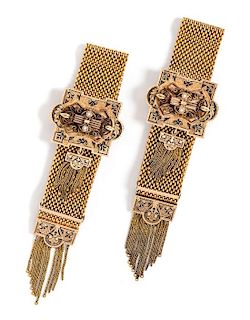A Pair of Etruscan Revival Yellow Gold, Seed Pearl and Enamel Slide Tassel Bracelets, 92.30 dwts.