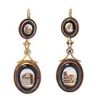 A Pair of Victorian Grand Tour Yellow Gold and Micromosaic Earrings, 7.05 dwts.
