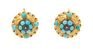 A Pair of 18 Karat Yellow Gold, Silver, Turquoise and Diamond Earrings, 5.40 dwts.