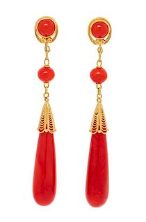 A Pair of Antique Yellow Gold and Coral Drop Earclips, Tiffany & Co., 6.40 dwts.