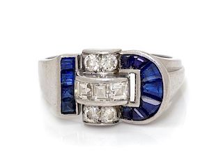 A Machine Age Platinum, Diamond and Sapphire Ring, J.& L. Hartzberg, 4.00 dwts.