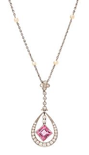 An Art Deco Platinum, Pink Tourmaline, Diamond and Seed Pearl Pendant/Necklace, 6.00 dwts.