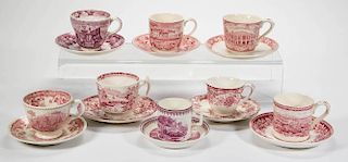 ENGLISH STAFFORDSHIRE POTTERY TRANSFERWARE CUP AND SAUCER SETS, LOT OF 14