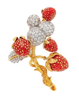 A Platinum, 18 Karat Yellow Gold, Coral and Diamond Strawberry Motif Brooch, 28.00 dwts.