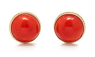 A Pair of 18 Karat Yellow Gold and Coral Earclips, 6.70 dwts.