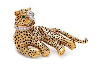 * An 18 Karat Yellow Gold, Platinum, Diamond, Emerald and Enamel Leopard Brooch, David Webb, 33.40 dwts.