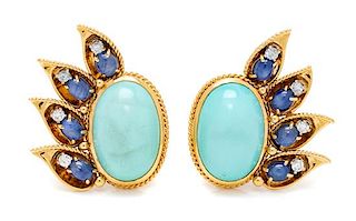 A Pair of 18 Karat Yellow Gold, Turquoise, Star Sapphire and Diamond Earclips, David Webb, 27.30 dwts.