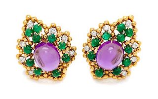 A Pair of Yellow Gold, Platinum, Amethyst, Emerald and Diamond Earclips, David Webb, 18.50 dwts.