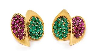 A Pair of 18 Karat Yellow Gold, Ruby and Emerald Earclips, H. Stern, 19.30 dwts.