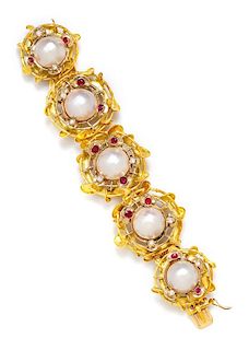 A Sculptural Bicolor Gold, Cultured Mabe Pearl, Diamond and Ruby Bracelet, 86.20 dwts.