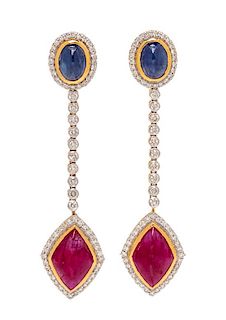 A Pair of 18 Karat Yellow Gold, Sapphire, Ruby and Diamond Convertible Drop Earrings, 13.95 dwts.