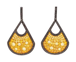A Pair of Yellow Gold, Black Rhodium, Colored Diamond and Black Diamond Earrings, 8.00 dwts.