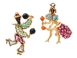 A Pair of 14 Karat Yellow Gold and Multigem Calypso Dancer Brooches, 7.00 dwts.