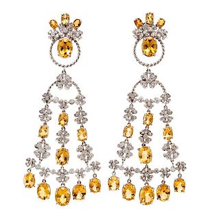 A Pair of 18 Karat White Gold, Citrine and Diamond Chandelier Earclips, 31.30 dwts.