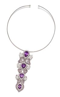 An 18 Karat White Gold, Amethyst, Pink Sapphire and Diamond Collar Pendant Necklace, 36.60 dwts.