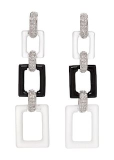 A Pair of 18 Karat White Gold, Rock Crystal, Onyx and Diamond Earrings, 5.00 dwts.