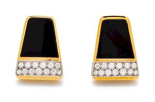 A Pair of 18 Karat Yellow Gold, Platinum, Diamond and Onyx Earclips, 10.60 dwts.