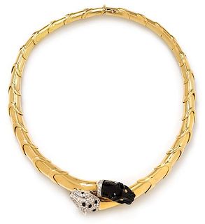 An 18 Karat Bicolor Gold, Diamond, Onyx, Emerald and Enamel Collar Necklace, Legnazzi, Circa 1988, 84.50 dwts.