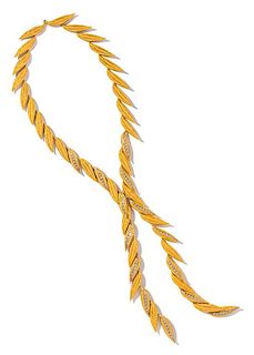 An 18 Karat Yellow Gold and Diamond Leaf Motif Lariat Necklace, Greek, 117.60 dwts.