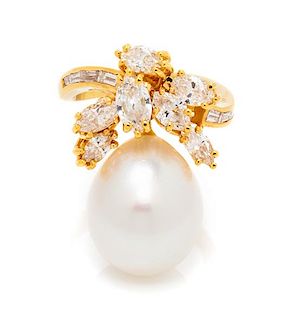 An 18 Karat Yellow Gold, Cultured South Sea Pearl and Diamond Ring, 8.00 dwts.