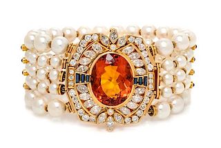 A Yellow Gold, Citrine, Diamond, Sapphire and Cultured Pearl Convertible Pendant/Bracelet, Molina and J. Yanes, 61.00 dwts.