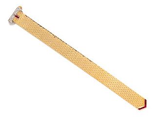 A Retro 14 Karat Yellow Gold, Platinum, Diamond and Ruby Belt Motif Bracelet, 27.60 dwts.