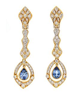 A Pair of Yellow Gold, Sapphire and Diamond Earrings, 6.60 dwts.